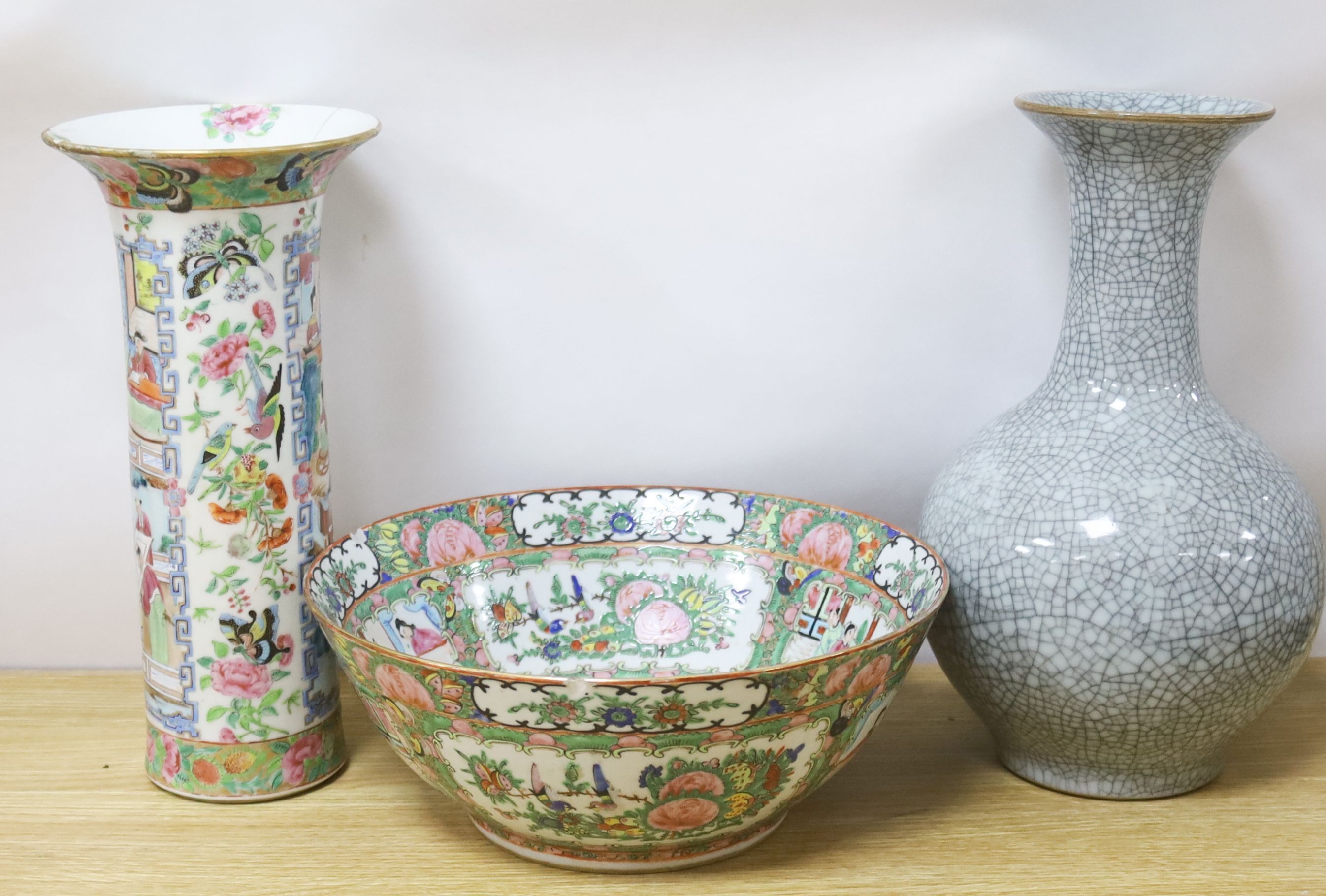 A Chinese famille rose sleeve vase, a similar bowl and a crackle glaze vase, 19th century and later, 31cm